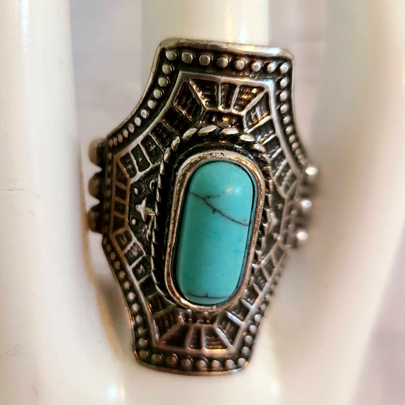 Native American Style Silver Plate Faux Turquoise Elongated Fashion Ring Sz 7.5 - Picture 2 of 3